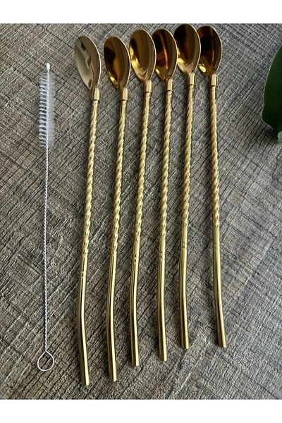 Enfa Set of 6 Gold Colored Stainless Steel Straw with Spoon