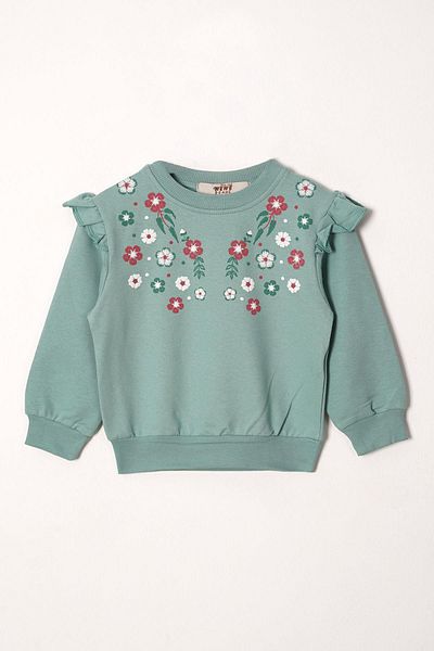 zepkids Crew Neck Long Sleeve Cıcek Embroidery Printed Cagla Green Color Girl's Double Suit