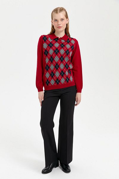 Desen Triko Polo Collar Red Wool Sweater - Baklaval, Women's, Knitted