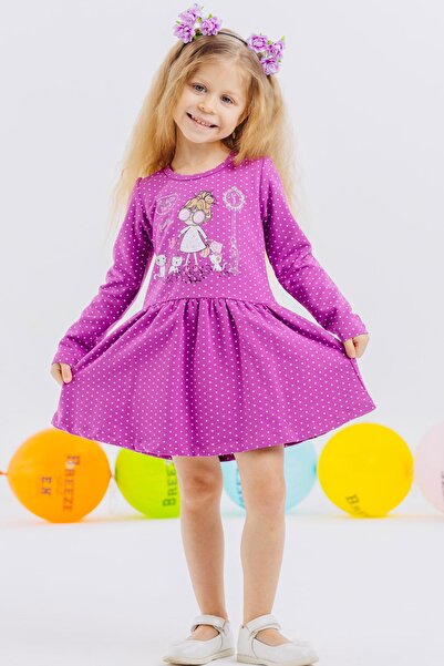 Breeze Kız Çocuk Uzun Kollu Elbise Simli Gözlüklü Kız Baskılı 1-4 Yaş, Mor