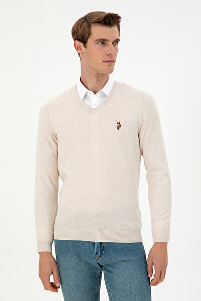 U.S. Polo Assn. Мъжки пуловер с V-образно деколте, кремаво меланж, 50288885-VR159