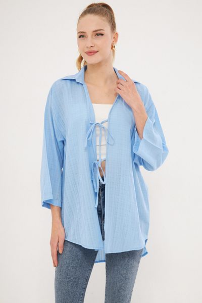 armonika Cămașă de damă, albastră, cu guler, cămașă kimono cu șireturi în față ARM-25K 001006