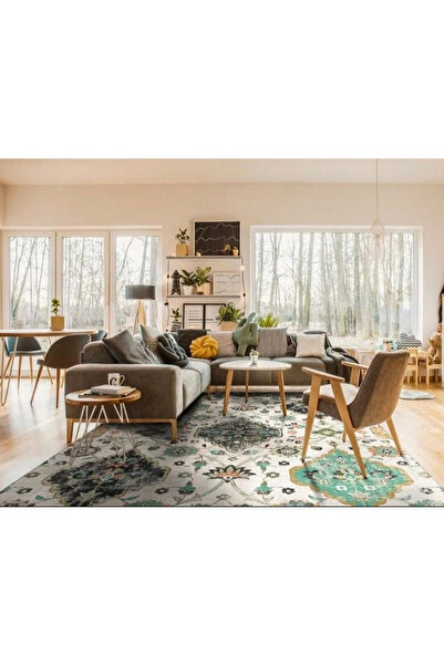 Brillant Etnik Desen Saçaksız Lateks Deri Taban Halı