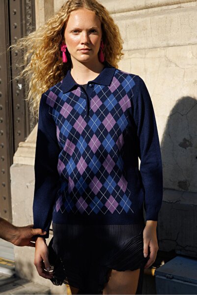 Desen Triko Navy Blue Women's Polo Collar Wool Sweater - Beaked Front