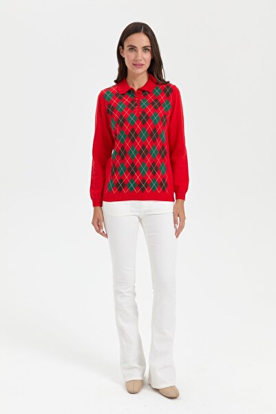 Desen Triko Polo Collar Baklaval Women's Wool Sweater - Coral