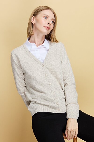 Desen Triko Women's V-Neck Cardigan Wool V.Beige