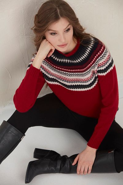Desen Triko Pulover de damă cu gât roșu din lână jacquard
