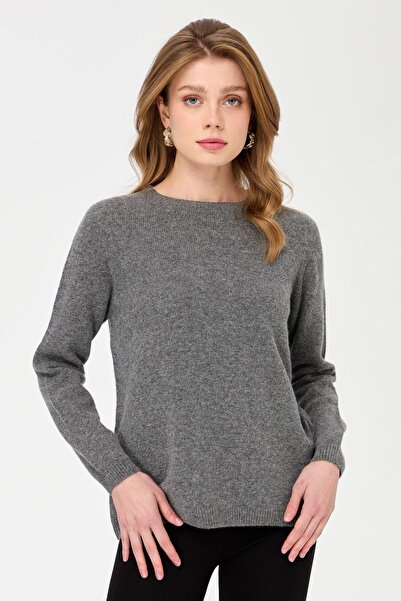 Desen Triko Women's Crew Neck Classic Wool Sweater Smoked