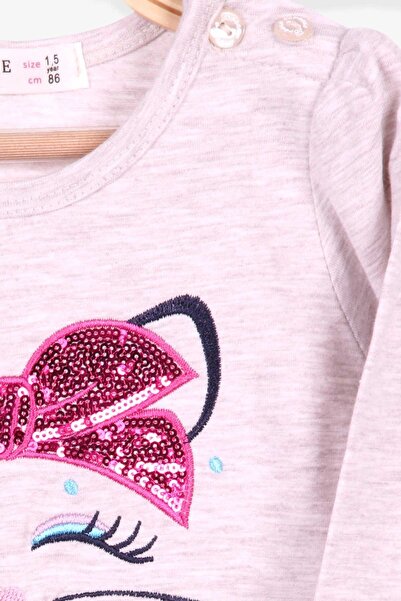 Breeze Kız Çocuk Uzun Kollu Elbise Kedi Nakışlı Pullu 1.5-5 Yaş, Bej Melanj