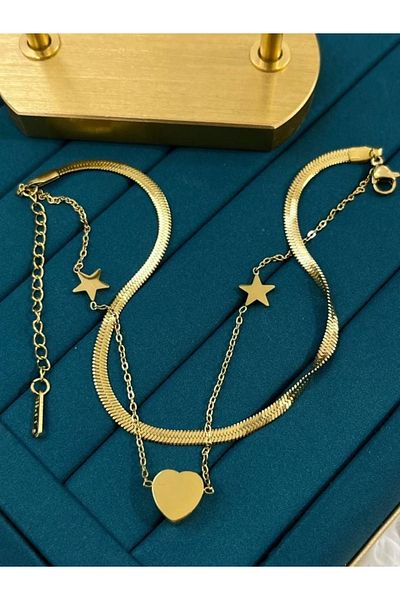 YASİN TOPÇU Steel Gold Star Heart Figured Marginal Anklet