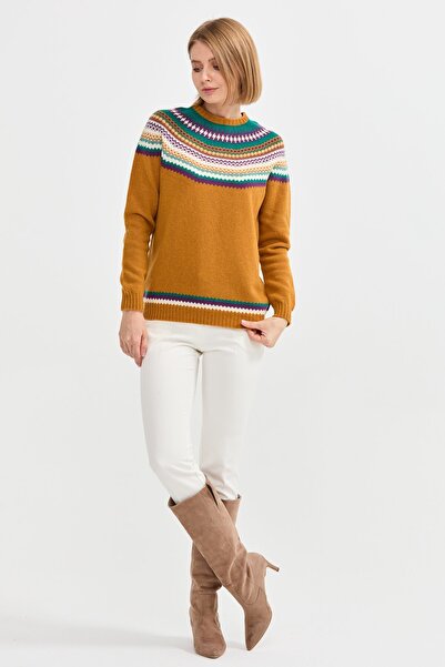 Desen Triko Kadın Sıfır Yaka Jakarlı Yün Kazak Hardal