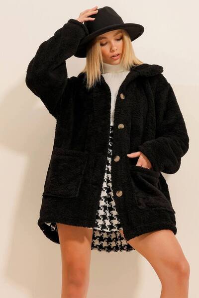 memetti m şekil Дамско меко плюшено палто с голям размер, закопчано отвътре и отвън