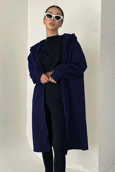 Know Women's Navy Blue Oversize Pocketless Long Hooded Cardigan