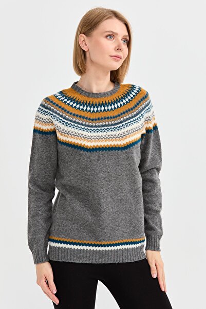 Desen Triko Γυναικείο πουλόβερ μάλλινο Jacquard με λαιμόκοψη καπνιστό