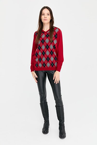 Desen Triko V-Neck Baklaval Red Women's Wool Sweater