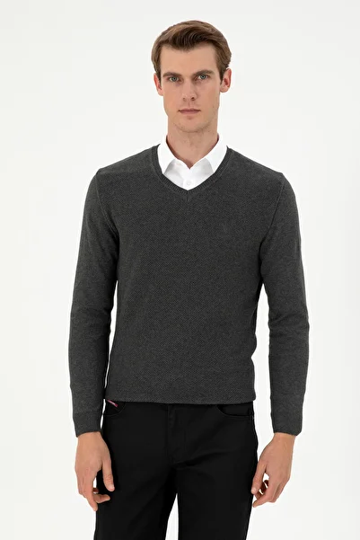 U.S. Polo Assn. V-Neck Slim Fit Men's Sweater - Anthracite Melange, Basic Model 50288886 -Vr081