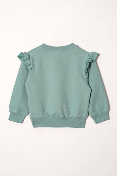 zepkids Crew Neck Long Sleeve Cıcek Embroidery Printed Cagla Green Color Girl's Double Suit