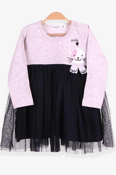 Breeze Girl's Long Sleeve Dress with Kitten Embroidery, 1.5-5 Years, Beige Melange