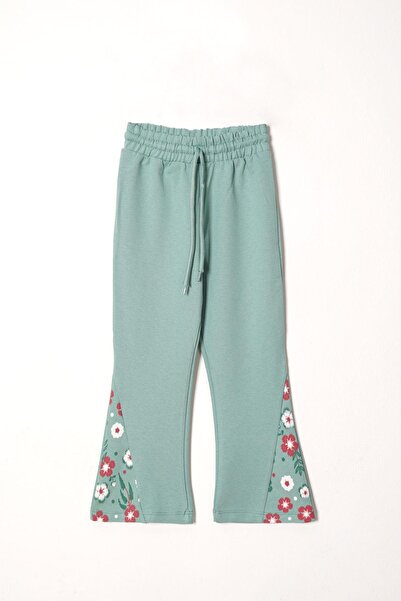 zepkids Crew Neck Long Sleeve Cıcek Embroidery Printed Cagla Green Color Girl's Double Suit