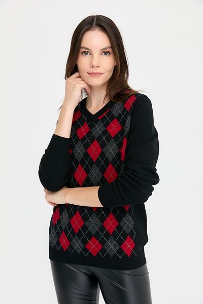 Desen Triko Pulover de damă din lână Argyle cu decolteu în V, negru