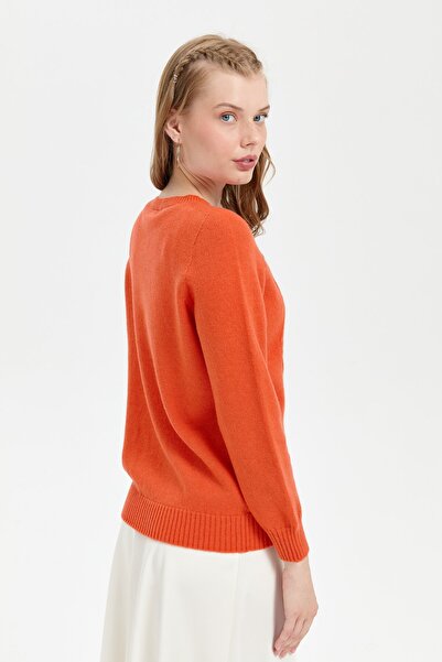 Desen Triko Zero Collar and Seamless Baklava Knit Orange - Women's Wool Sweater