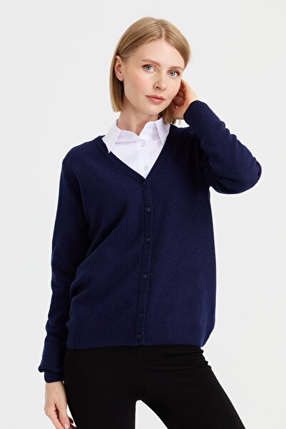 Desen Triko سترة نسائية من الصوف برقبة على شكل حرف V باللون الأزرق الداكن