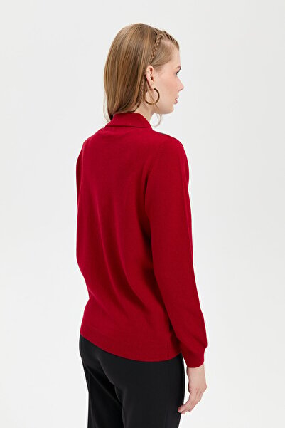 Desen Triko Polo Collar Red Wool Sweater - Baklaval, Women's, Knitted