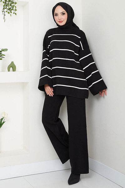hafsamina Half Turtleneck Striped Knitwear Suit Black Hm2553