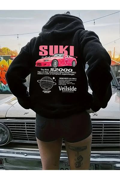 AEMİ Hanorac negru supradimensionat cu glugă, cu glugă, cu imprimeu Fast and Furious Suki