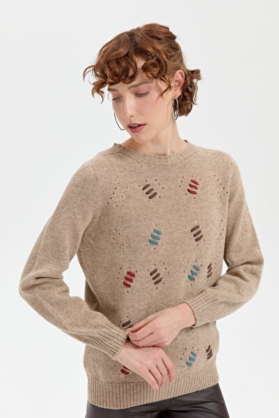 Desen Triko Beige Women's Woolen Sweater - Zero Collar, Seamless