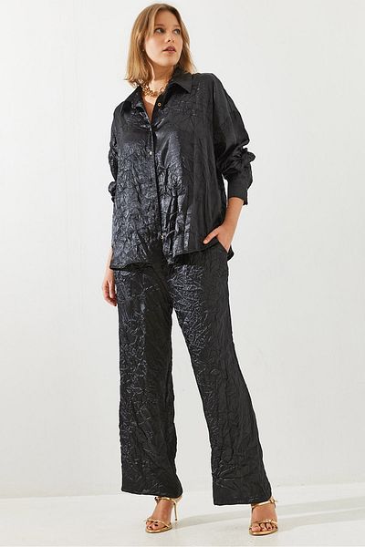 Bianco Lucci Women's Wrinkled Look Satin Top and Bottom Set Mbms030 60501030