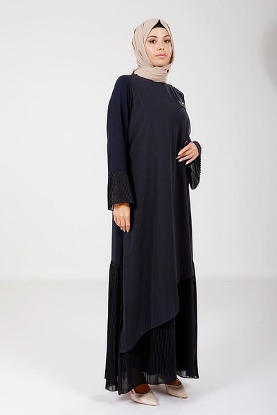 Beyza Λεπτομερής φούστα λουλουδιών με πιέτες Navy Blue Color Hijab Dress 5588