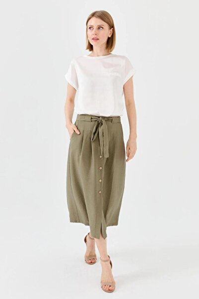 Desen Triko Belted Front Buttoned Khaki Skirt 23487-2Y4