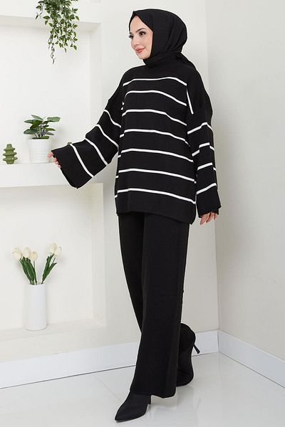 hafsamina Half Turtleneck Striped Knitwear Suit Black Hm2553