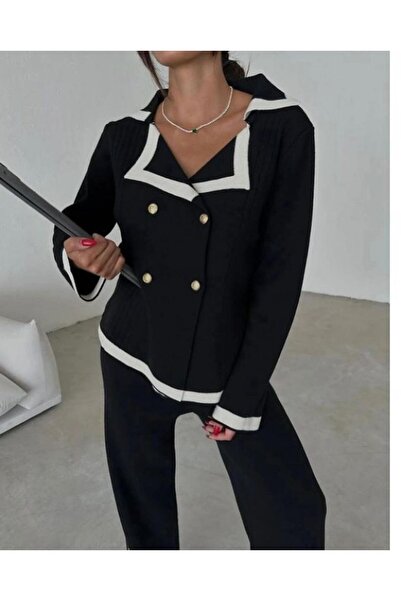 Şule Giyim Kadın Triko Takım  Düğmeli Şerit Detaylı Hırka Ve Palazzo Pantolon