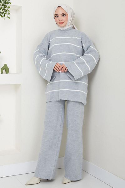 hafsamina Gray Striped Half Turtleneck Knitwear Set - Hm2553