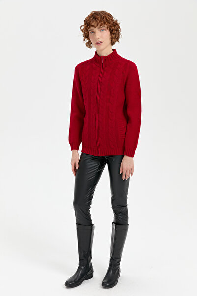 Desen Triko Red Women's Wool Cardigan - Stand Collar, Hair Braid, Seamless