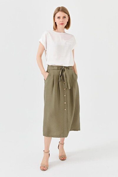 Desen Triko Belted Front Buttoned Khaki Skirt 23487-2Y4