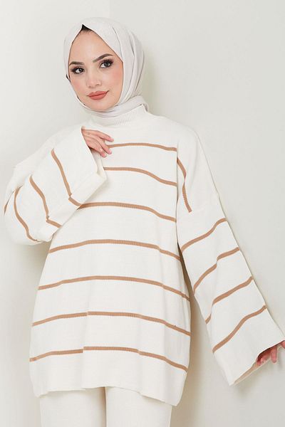 hafsamina Half Turtleneck Striped Knitwear Suit White Hm2553