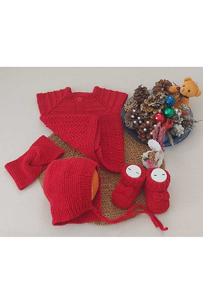 BEGİN Red Newborn Gift Baby Hand Knitted Cotton Vest Lora Hat Booties Hair Band Set of Four