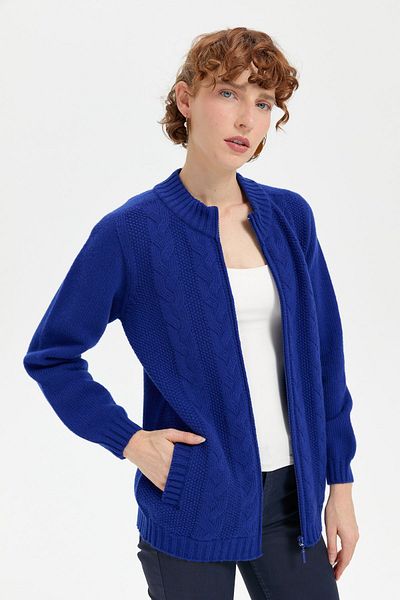 Desen Triko Cardigan de lână cu guler împletit cu păr în față pentru femei - K.S.Blue