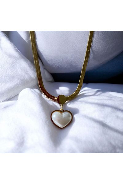 pudra aksesuar Italian Crushed Chain Steel Gold Necklace with Mother of Pearl Heart