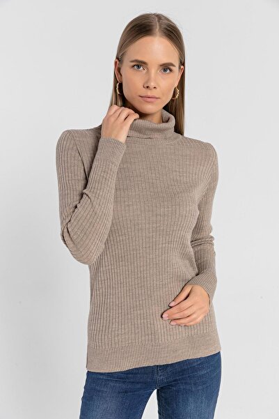 Miss Poem Γυναικείο πλεκτό πουλόβερ με ζιβάγκο κοτλέ Winter High Neck Mink