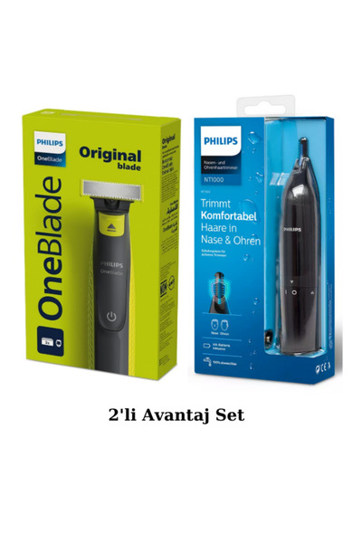 Philips QP2724/10 Oneblade Yüz Şekillendirici, NT1650 Burun/Kulak Kıl, Tüy Temizleme 2'li Avantaj Set