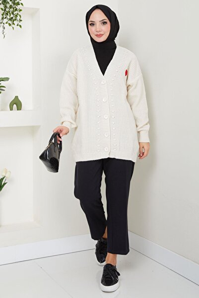 hafsamina Κρεμ Πλεκτή Ζακέτα - Απλικέ Καρδιά, HM2556