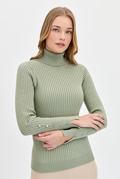 Desen Triko Kadın Tam Balıkçı Yaka Kolları Düğmeli Kazak Mint