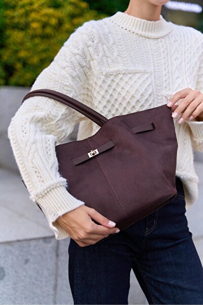 Madamra Brown Suede Women's Drawstring Detail Clip Suede Hand and Shoulder Bag