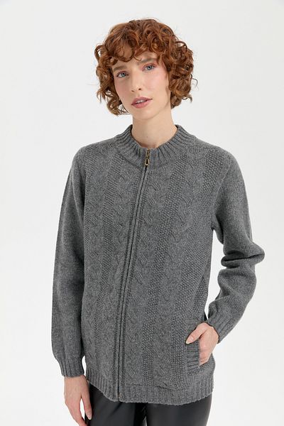 Desen Triko Smoke Colored Women's Wool Cardigan - Stand Collar and Hair Braid