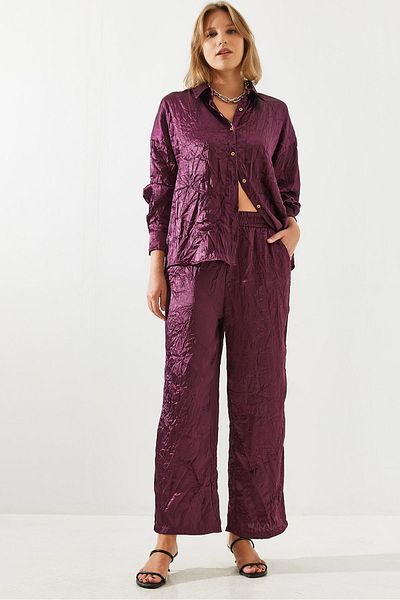 Bianco Lucci Women's Wrinkled Look Satin Top and Bottom Set Mbms030 60501030