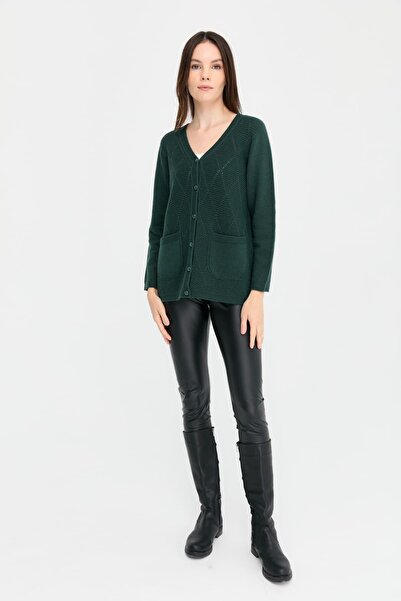 Desen Triko Green V-Neck Seamless Baklaval Women's Wool Cardigan
